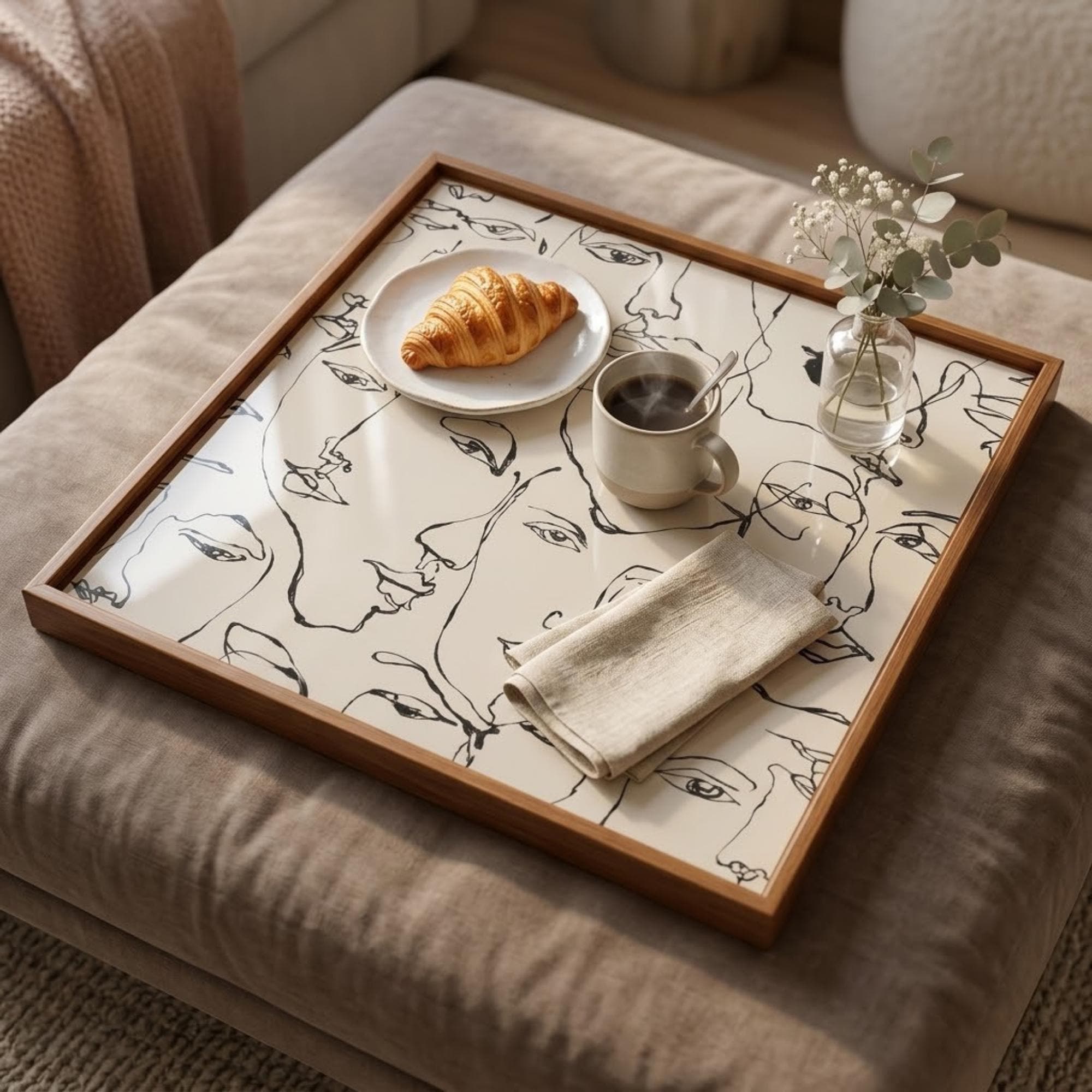 Square Serving Tray, Line Art Ottoman Tray, Modern Coffee Table Tray, Handmade Resin Wood Tray, Minimalist Home Decor