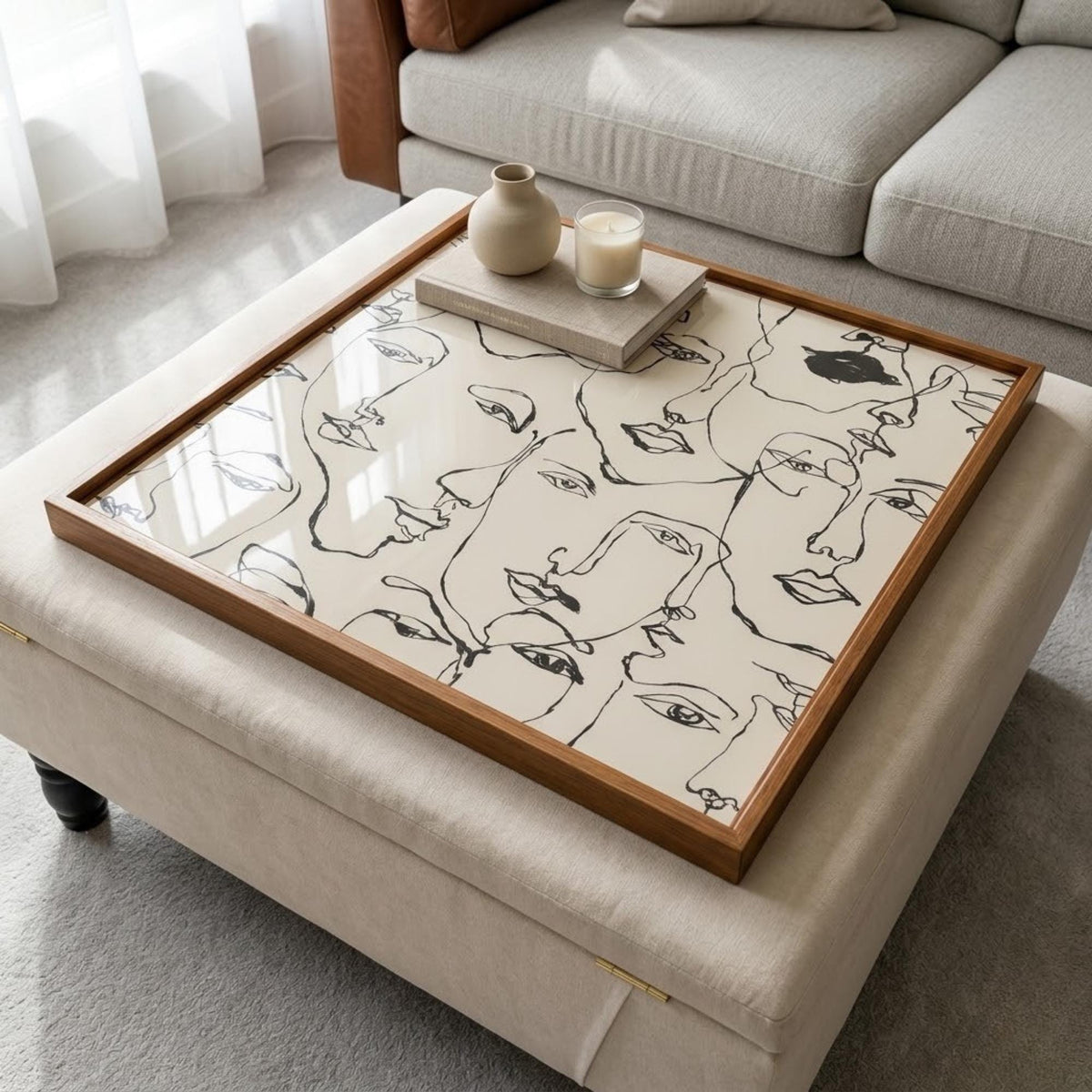 Square Serving Tray, Line Art Ottoman Tray, Modern Coffee Table Tray, Handmade Resin Wood Tray, Minimalist Home Decor