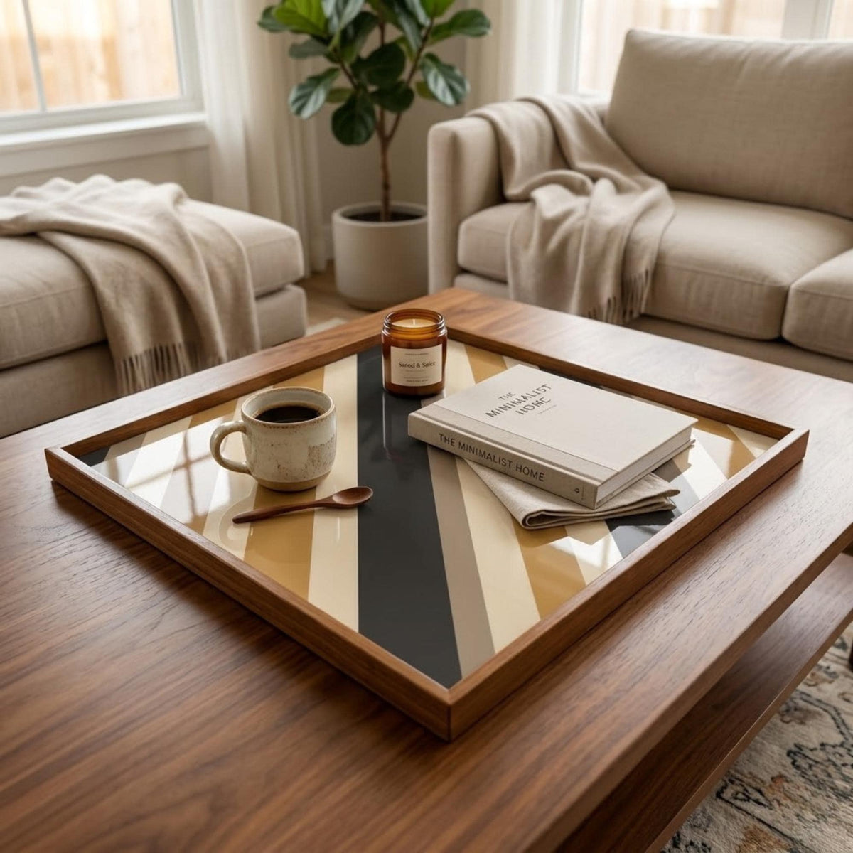 Square Serving Tray, Abstract Wood Tray, Ottoman Coffee Table Tray, Handmade Resin Art Tray, Modern Home Decor