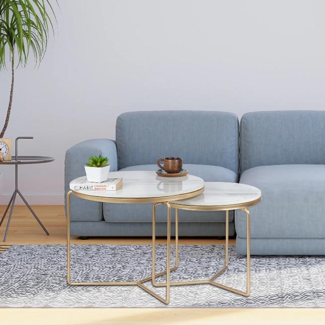 Minimal Tripod Base Round Nesting Table Set of 2 - Gold Matte