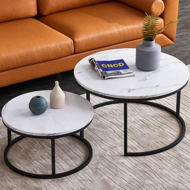 Round Marble-Look Nesting Coffee Table Set of 2 - Black Matte