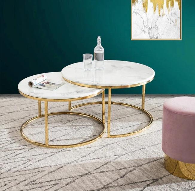 Round Marble-Look Nesting Coffee Table Set of 2 - Gold Shiny
