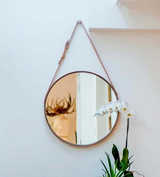 Round Wall Mirror with Leather Hanging Strap