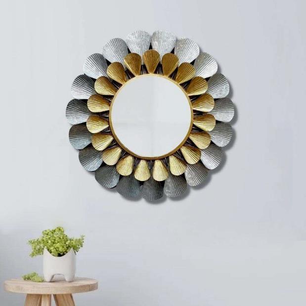 Silver & Gold Petal Round Metal Wall Mirror