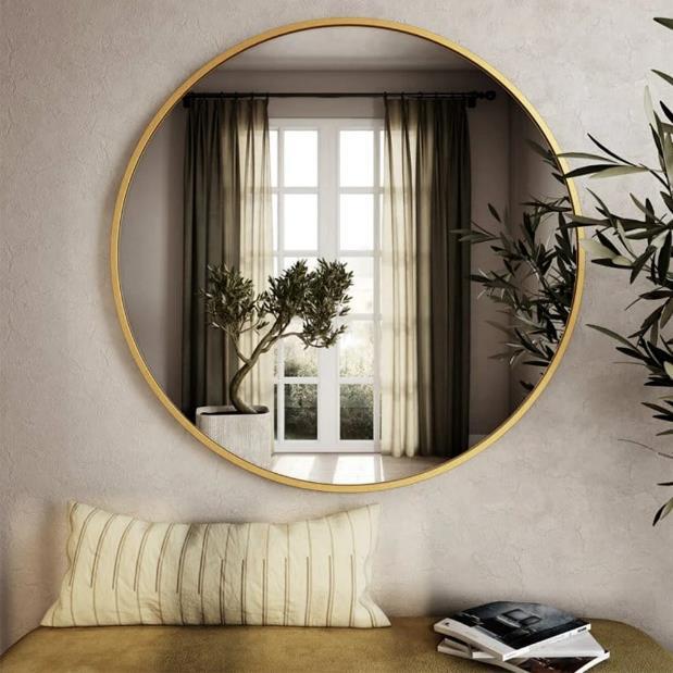 Slim Gold Frame Round Wall Mirror