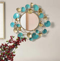 Teal & Gold Lotus Leaf Round Metal Wall Mirror
