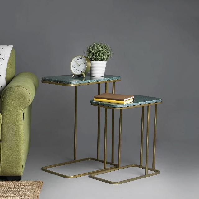 Teal Top Gold C-Frame Nesting Side Table Set of 2