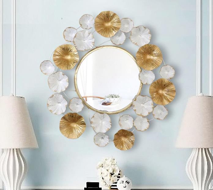 White & Gold Lotus Leaf Round Metal Wall Mirror